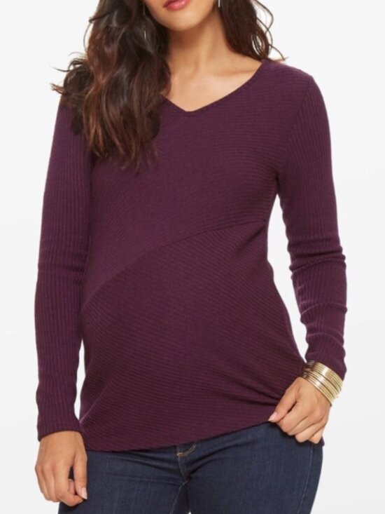 Stowaway Collection Sweaters - Stowaway Collection Sweater V Neck Ribbed Long Sleeves Purple Maternity Small